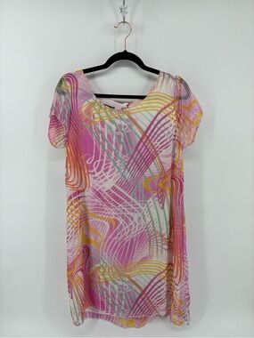 Made in Italy 100% Silk Vibrant Pink Multicolor Short Sleeve Shift Dress